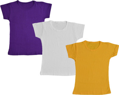 Indistar Girls Solid Cotton Blend Regular T Shirt(Multicolor, Pack of 3)