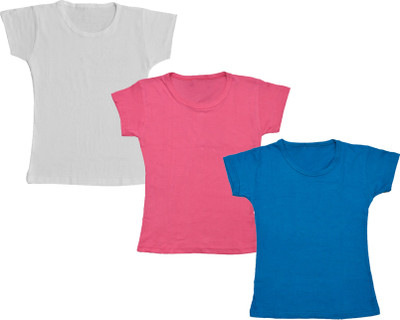 Indistar Girls Solid Cotton Blend Regular T Shirt(Multicolor, Pack of 3)