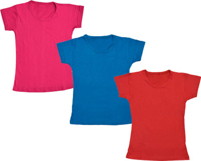 KAVYA Girls Solid Cotton Blend Regular T Shirt(Multicolor, Pack of 3)