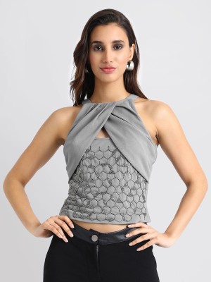 KAZO Party No Sleeve Embellished Women Grey Top