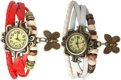 

Pappi Boss Set Of 2 Vintage Leather Red & White Butterfly Bracelet Watch - For Women