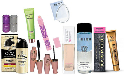 

Amber Silicon puff, CC cream, mirror nail paint pack of 2, eyeliner & mascara, make up cover foundation, candy wow lip balm, super stay foundation, total effects 7 in one anti-ageing cream, instant long wear make up remover(Set of 11)