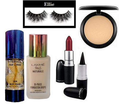 

Ellie Eyelashes&Compact,Matte Finish Lipstick, Stick Kajal, Skin Base Visage Primer, Natueale BI-PHASE Foundation Drops(Set of 6)