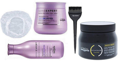 

big Basket Hair Brush, Series Expert Prokertin Liss Unlimited Shampoo 300 mL + Masque 250 mL, Shower Cap, INOA Color Care Protective Conditioning Spa(Set of 5)