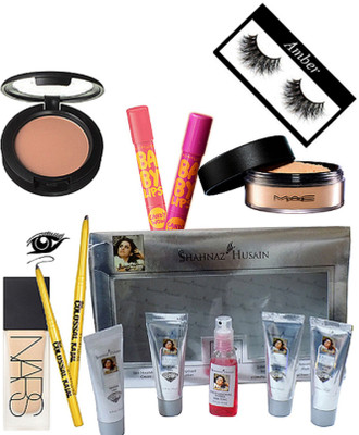

Amber Eyelashes, Diamond facial kit, blusher, Loose powder, candy wow lip balm pack of 2, Colossal k pack of 2, foundation(Set of 9)