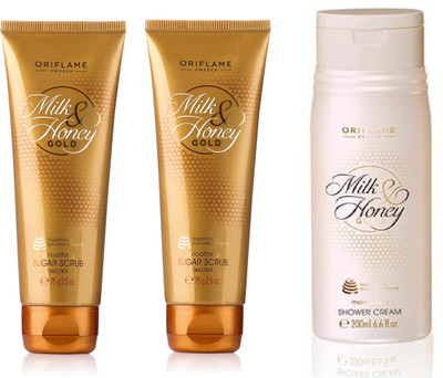 

Oriflame Sweden Milk & Honey Small Sugar Scrub 2 PCS & Milk & Honey Shower Cream ( 200 ML )(Set of 3)