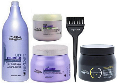 

big Basket Hair Brush & Liss Unlimited Shampoo with Spa and Masque, INOA Color Care Protective Conditioning Spa(Set of 5)