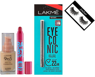 

Amber Eyelashes, 9 to 5 primer matte foundation, eye conic k, candy wow lip balm(Set of 4)