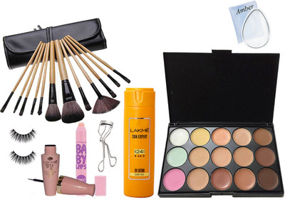 

Amber Silicon puff, 15 shade concealer palette, make up brush set, sun expert, eyeliner, lip balm, eyelashes, Eyelashes curler(Set of 8)