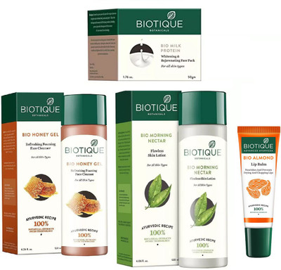 

BIOTIQUE BIO morning Nectar Flawless Skin Moisturizer, honey gel water clarifying toner, MILK PROTEIN WHITENING & REJUVENATING FACE PACK FOR ALL SKIN TYPES, LIP CARE(Set of 4)