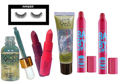 

Amber Eyelashes, 9 to 5 infallible primer, gold radiance face serum, candy wow lip balm pack of 2, lipstick (pack of 2)(Set of 7)