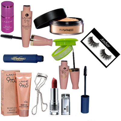 

Amber Eyelashes, loose powder, mascara, nail paint remover, 9 to 5 weightless mousse foundation, eyeliner & mascara, mirror nail paint, enrich lipstick, eyelashes curler(Set of 10)