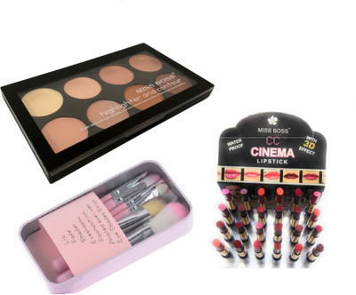 

Miss Boss cinema waterproof lipstick set of 24 , kb concealer and hk pink brush combo, pack of(Set of 2)