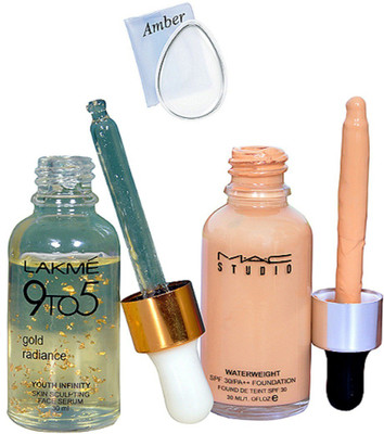 

Amber Silicon puff, 9 to 5 gold radiance face serum, studio water weighted foundation(Set of 3)