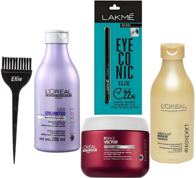 

ellie Hair Brush, Liss unlimited ,Abosulte Hair Shampoo Pack Of 2,Paris Force Vector Masque ,Eyeconic Kajal(Set of 5)