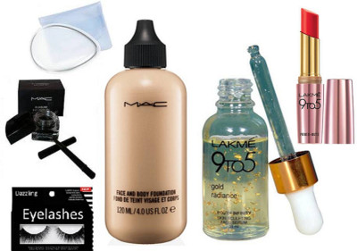 

dazzling Eyelashes,Fluid-line Gel Eyeliner, Face And Body Foundation, Lakme 9 To 5 Gold Radiance Face Serum, Silicon puff, 9 to 5 Primer Plus Matte Lip Color(Set of 6)