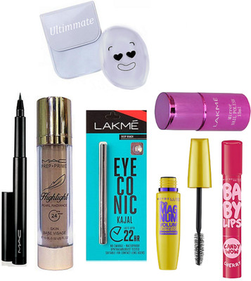 

Ultimate Silicon Puff, Prep+Prime Highlight, Pen Eyeliner, Eyeconic Kajal, Mirror Nail Polish, The Magnum Mascara & Baby Lips(Set of 7)