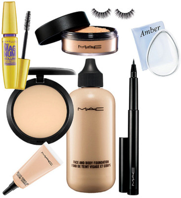 

Amber Silicon puff, face & body foundation, loose powder, compact, select cover up concealer, pen eyeliner, the magnum mascara, Eyelashes(Set of 8)