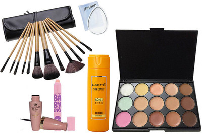 

Amber Silicon puff, 15 shade concealer palette, make up brush set, sun expert, eyeliner, lip balm(Set of 6)
