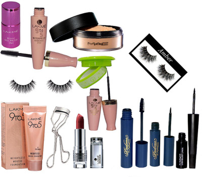 

Amber Eyelashes 2, loose powder, liquid last eyeliner, eyeliner & mascara, nail paint remover, 9 to 5 weightless mousse foundation, eyeliner & mascara, mirror nail paint, enrich lipstick, eyelashes curler(Set of 13)
