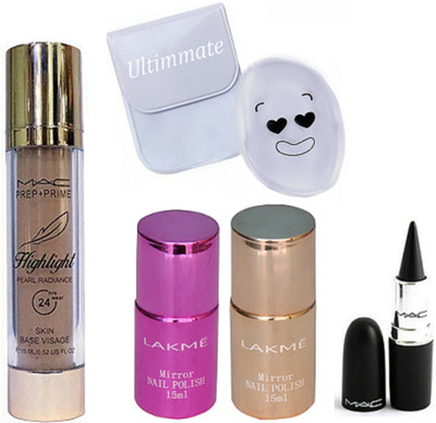 

Ultimate Silicon Puff, Prep+Prime Highlight, Stick Kajal, Lakme Mirror Nail Polish 2(Set of 5)