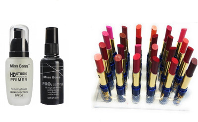 

Miss Boss cinema waterproof lipstick set of 24 , HD STUDIO PROFESSIONAL PREP+SET MAKEUP COMBO (1 PRIMER 1 FIXER) (Set of 2) Primer - 100 ml (black & white) , pack of 3(Set of 3)