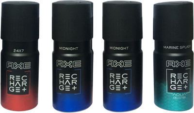 

AXE 1 24X7, 2 MIDNIGHT , 1 MARINE SPLASH (PACK OF 4) Deodorant Spray - For Men(150 ml, Pack of 4)