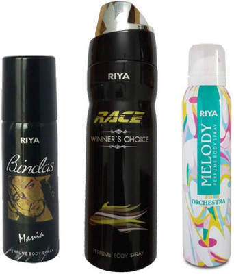 

Riya 1 MELODY DEODORANT 150ML+ 1 RACE WINNER'S CHOICE DEODORANT 200ML+ 1 BINDAS MANIA DEODORANT 150ML Deodorant Spray Perfume - 150 ml(For Men & Women)