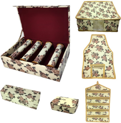 

Addyz Combo Of 6 Rose Printed 1 Piece 4 RodP Wooden Bangle box, 1 Piece Big Earring Folder, 1 Piece Ring Box , 1 saree cover 1 blouse cover 1 Piece Payel Watch 5 Chain Jewellery Vanity Box(Cream)