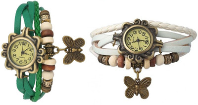 

Pappi Boss Combo Offer Set of 2 Fancy Designer White & Green Vintage Leather Bracelet Butterfly Watch - For Women