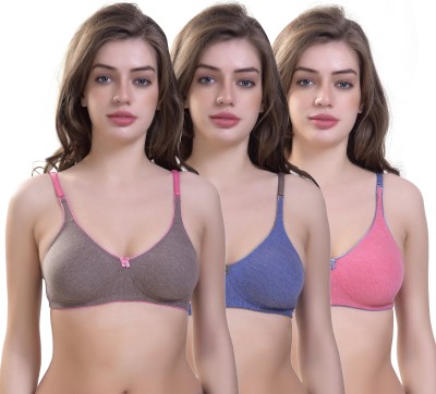SKY BEAUTY Cotton Fabric Women Full Coverage Non Padded Bra(Brown, Blue, Pink)