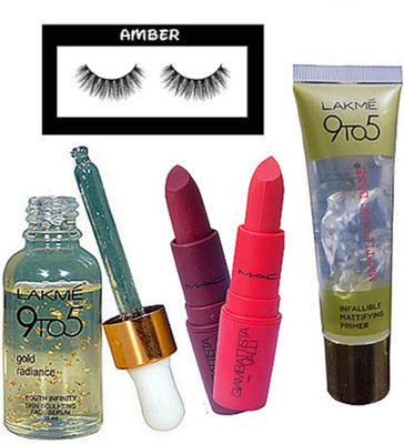 

Amber Eyelashes, 9 to 5 gold radiance face serum, infallible primer, giam battitsta lipstick (pack of 2)(Set of 5)