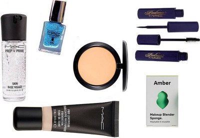 

Amber Sponge puff, prep+prime skin base visage Face Primer Gel, pro long wear foundation, eyeliner, mascara, Studio Fix Compact, nail paint(Set of 7)