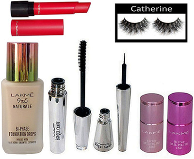 

catherine Eyelashes, Brooke Candy Eyeliner & Mascara, Liptensity Lipstick, 9to5 Natueale BI-PHASE Foundation Drops, Mirror Nail paint (Pack of 2)(Set of 7)
