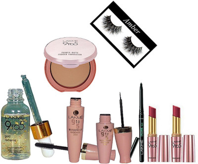 

Amber Eyelashes, 9 to 5 gold radiance face serum, eyeliner & mascara, primer matte lipstick pack of 2, primer matte powder compact, eye conic kajal(Set of 8)