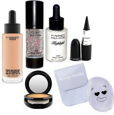 

FANCIFY COMBO silicon puff & Studio Waterweight foundation , skin base visage primer & highlighter & studio fix compact,stick kajal(Set of 6)