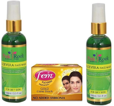Pink Root ALOEVERA FACE WASH 2 PCS WITH FEM GOLD BLEACH 30GM(Set of 3)