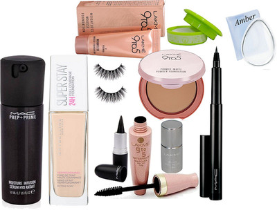 

Amber Silicon puff, weightless mousse foundation, mascara, Primer matte powder compact, mirror nail paint, prep+prime face serum, pen eyeliner, super stay foundation, kajal, Nail paint remover,eyelashes(Set of 11)