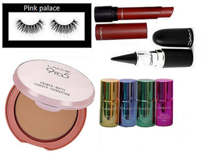 

pink palace Eyelashes, kajal, liptensity lipstick, 9to5 primer matte foundation, mirror nail paint pack of 4(Set of 8)
