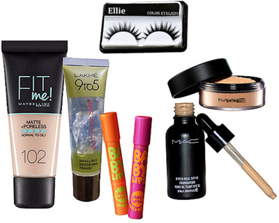 

ELLIE Eyelashes,Hyper Real Foundation,Loose Powder, New York Fit Me Foundation, Candy Wow Cherry Lipbalm 2, 9to5 Infallible Mattifying Base Primer(Set of 7)
