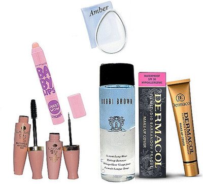 

Amber Silicon puff, eyeliner & mascara, make up cover foundation, candy wow lip balm, instant long wear make up remover(Set of 6)