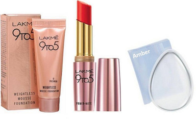 

Amber Silicon puff, 9 to 5 weightless Mousse Foundation, primer matte Lipstick(Set of 3)
