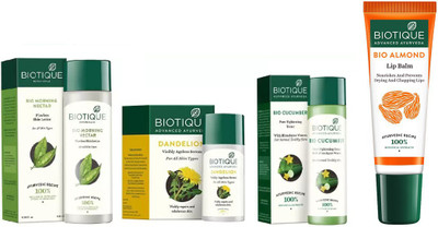 

BIOTIQUE BIO Morning Nectar Flawless Skin Moisturizer, Cucumber Pore Tightening Toner, Dandelion Ageless Lightening Serum , LIP CARE(Set of 36)