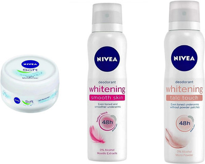 

Nivea Soft light Moisturizer (200 ML) , Whitening Smooth Skin Deo (150 ML) & Whitening Talc Touch Deo (150 ML)(Set of 2)