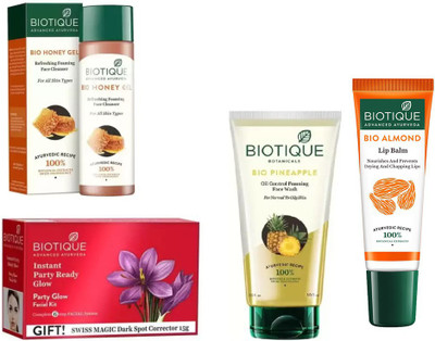

BIOTIQUE BIO Pineapple Oil Control Face Wash, Bio Honey Gel Refreshing Foaming Face Cleanser For All Skin Types, Bio Party Glow Facial Kit, Lip Balm(Set of 4)