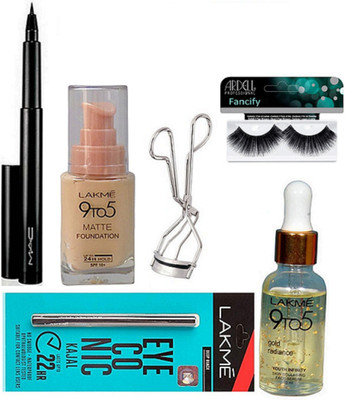 

Fancify Eyelashes, Matte Foundation, Gold Rediance serum, Eyeconic Kajal, Eyeliner, Curler(Set of 6)