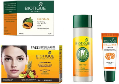 

BIOTIQUE BIO Pearl White Facial Kit, Papaya Removal Scrub, Honey Gel Refreshing Foaming Face Cleanser For All Skin Types, LIP CARE(Set of 4)