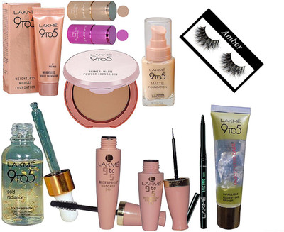 

Amber Eyelashes, 9 to 5 gold radiance face serum, weightless mousse & primer matte foundation, eyeliner & mascara, infallible primer, primer matte powder compact, eye conic kajal, mirror nail paint pack of 2(Set of 11)