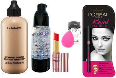 

eska PUFF, FACE & BODY foundation & SKIN CAVIAR PRIMER, Primer Plus Matte Lip Color, Kajal Magique(Set of 5)