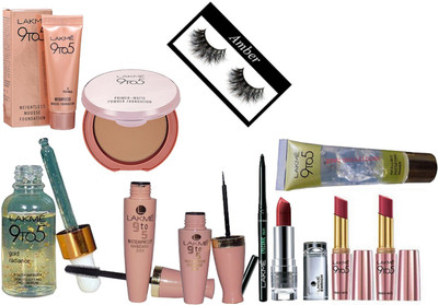 

Amber Eyelashes, 9 to 5 gold radiance face serum, eyeliner & mascara, weightless mousse foundation, infallible primer, primer matte lipstick pack of 2, enrich lipstick, primer matte powder compact, eye conic kajal(Set of 11)